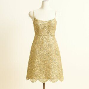 Gold Embellished Mini Dress Size Large Sequins & Embroidery Scallopped Hem